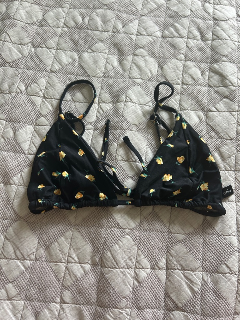 Onia Black Triangle Bikini Top with Yellow Floral Print